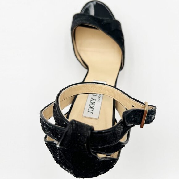 Jimmy Choo London Black Kayden Ankle Strap Sandal 40.5 Leather Suede Glitter - Picture 7 of 14